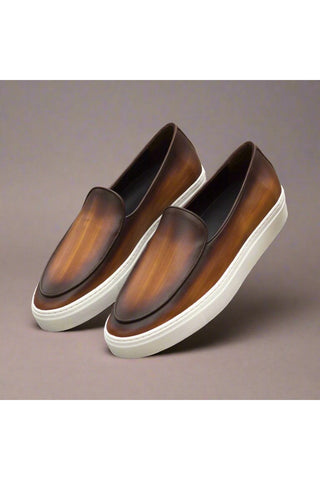 Ambrogio Men's Handmade Custom Made Shoes Cognac Patina Leather Slip-On Belgian Sneakers (AMB1134)-AmbrogioShoes
