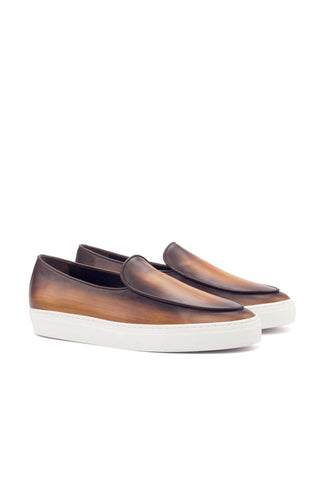 Ambrogio Men's Handmade Custom Made Shoes Cognac Patina Leather Slip-On Belgian Sneakers (AMB1134)-AmbrogioShoes