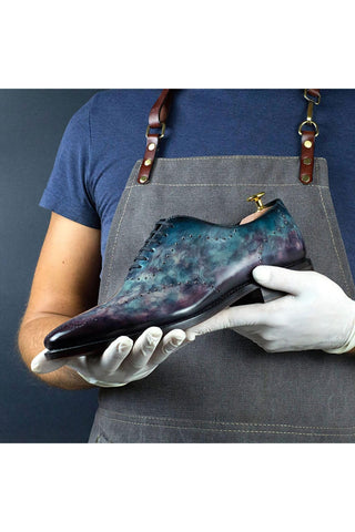 Ambrogio Men's Handmade Custom Made Shoes Purple & Teal Cygnus Cezzane Patina Leather Wholecut Oxfords (AMB1645)-AmbrogioShoes