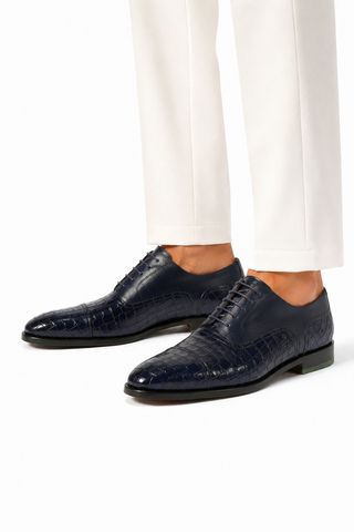 Ambrogio Navy Crocodile Print / Rubber / Calf-Skin Leather Cap Toe Oxfords (AMBS2050-RTW)-AmbrogioShoes