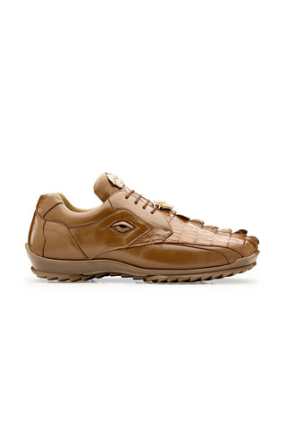 Tobacco-colored Belvedere Vasco sneakers in hornback crocodile and calfskin leather with gold hardware and a rubber sole.
