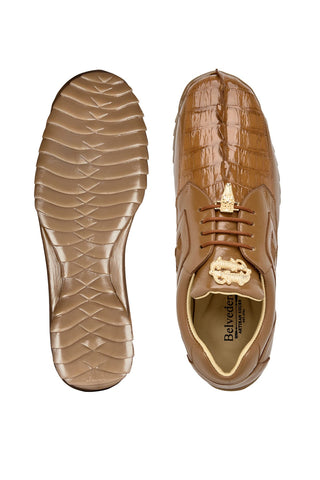 Tobacco brown Belvedere Vasco hornback crocodile and calfskin sneakers with gold hardware and rubber soles.