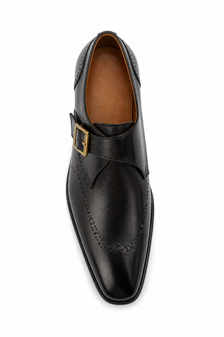 Carrucci KS509-42 Leather Single Monk-Strap - Black - AmbrogioShoes