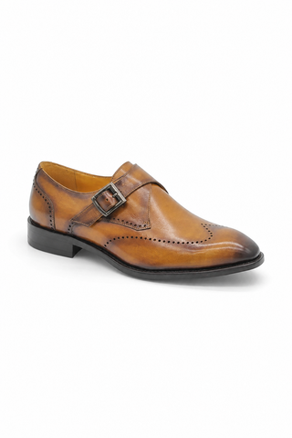 Carrucci KS509-42 Leather Single Monk-Strap - Cognac - AmbrogioShoes