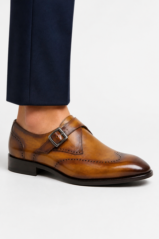 Carrucci KS509-42 Leather Single Monk-Strap - Cognac - AmbrogioShoes
