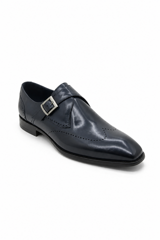 Carrucci KS509-42 Leather Single Monk-Strap - Navy - AmbrogioShoes