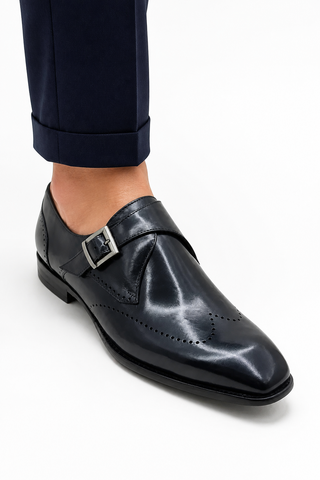 Carrucci KS509-42 Leather Single Monk-Strap - Navy - AmbrogioShoes
