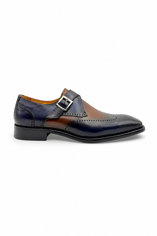Carrucci KS509-42 Leather Single Monk-Strap - Navy/Brown - AmbrogioShoes