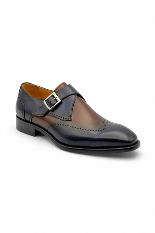 Carrucci KS509-42 Leather Single Monk-Strap - Navy/Brown - AmbrogioShoes