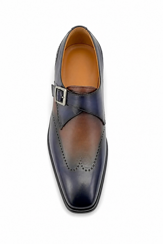 Carrucci KS509-42 Leather Single Monk-Strap - Navy/Brown - AmbrogioShoes