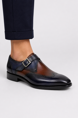 Carrucci KS509-42 Leather Single Monk-Strap - Navy/Brown - AmbrogioShoes