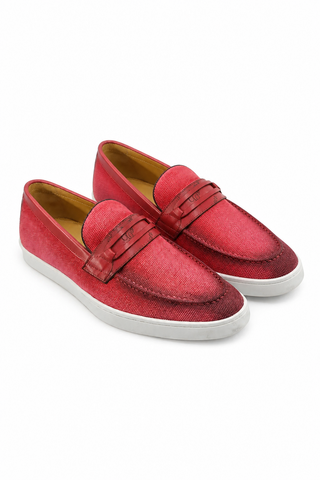 Carrucci KS529-07 Linen Penny Loafer - Red - AmbrogioShoes