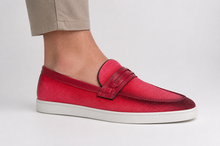Carrucci KS529-07 Linen Penny Loafer - Red - AmbrogioShoes