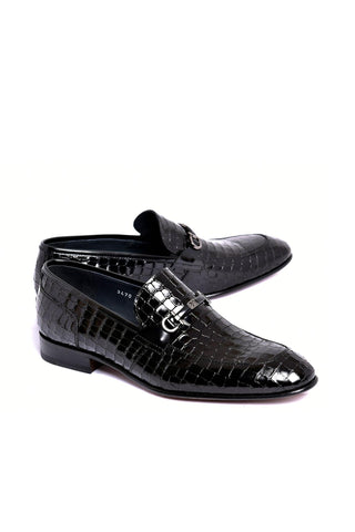 Corrente 3470BC Embossed Leather Horse-Bit Loafer - Black-AmbrogioShoes