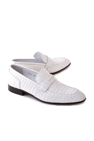 Corrente 3470C Embossed Leather Penny Loafer - White-AmbrogioShoes