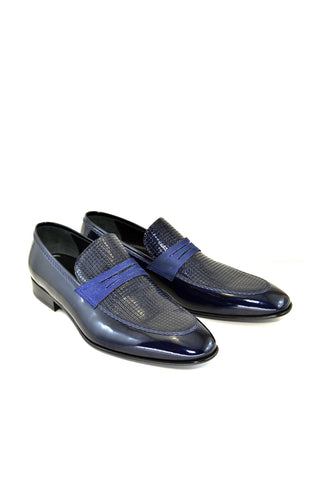 Corrente 3711HS Patent & Textured Penny Loafer - Navy & Black-AmbrogioShoes