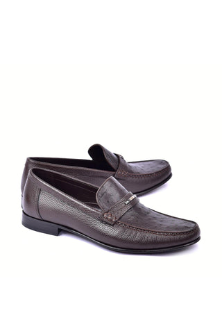 Corrente 3898Ost Leather & Ostrich Horse-Bit Loafer - Dark Brown-AmbrogioShoes