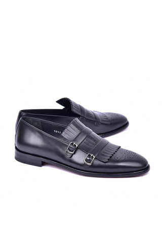 Corrente 5211 Leather Kiltie Double Monk Strap - Black-AmbrogioShoes
