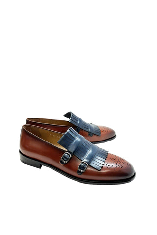 Corrente 5211 Leather Kiltie Double Monk Strap - Navy & Brown-AmbrogioShoes