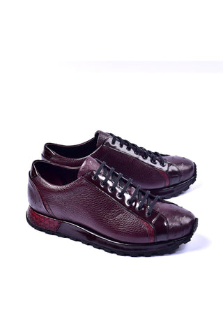 Corrente 5581 Ostrich & Leather Sneaker - Burgundy-AmbrogioShoes