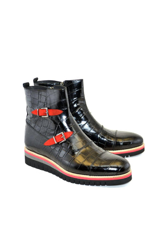 Corrente 5784C Embossed Leather Double Monk-Strap Boot - Black-AmbrogioShoes