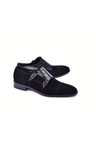 Corrente 6433 Suede & Embossed Leather Double Monk-Strap - Black-AmbrogioShoes