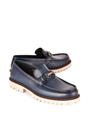 Corrente 7887 Leather Horse-Bit Loafer - Blue-AmbrogioShoes