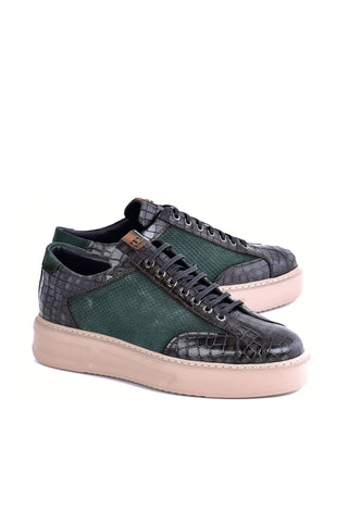 Corrente 8492 Suede & Embossed Leather Sneaker - Green-AmbrogioShoes