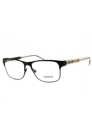 Burberry BE1289 men's rectangular metal eyeglasses in black with signature check pattern on the temples.