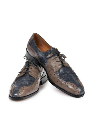 Mauri Designer Shoes Exotic Skin Men's Pruno Grey & Pepper Baby Croc & Ostrich Oxfords 4866(MA4807)-AmbrogioShoes