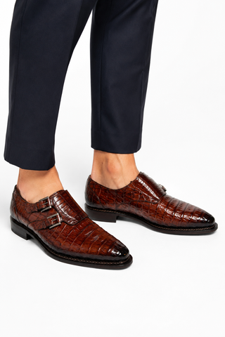 Mezlan 4990-F Sport Brown Exotic Crocodile-Skin Double Monk-Straps Loafers (MZ3671)-AmbrogioShoes