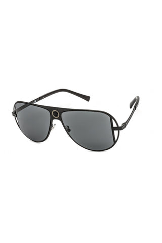 Versace VE2212 men's black metal aviator sunglasses with a central circular detail and signature Greek key temple accents.