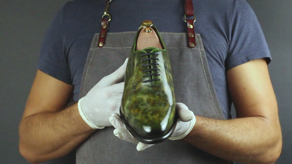 Ambrogio Men's Handmade Custom Made Shoes Green Sylvan Cezanne Patina Leather Wholecut Oxfords (AMB1647)