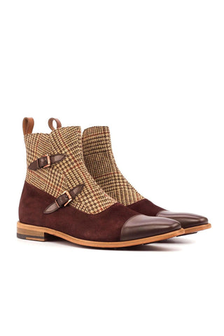 Ambrogio Beige, Brown & Burgundy Fabric / Suede / Calf-Skin Leather Buckle Boots (AMB1834)-AmbrogioShoes