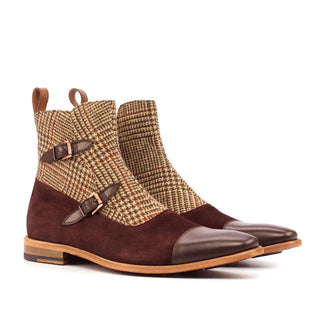 Ambrogio Beige, Brown & Burgundy Fabric / Suede / Calf-Skin Leather Buckle Boots (AMB1834)-AmbrogioShoes