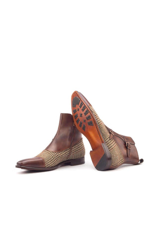 Ambrogio Beige & Brown Fabric / Calf-Skin Leather Atticus Double Buckle Boots (AMB1582)-AmbrogioShoes