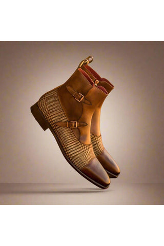 Ambrogio Beige & Brown Fabric / Calf-Skin Leather Atticus Double Buckle Boots (AMB1582)-AmbrogioShoes