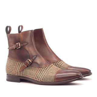 Ambrogio Beige & Brown Fabric / Calf-Skin Leather Atticus Double Buckle Boots (AMB1582)-AmbrogioShoes