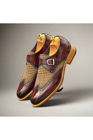 Ambrogio Beige & Burgundy Fabric / Patina Leather Monk Strap (AMB1402)-AmbrogioShoes