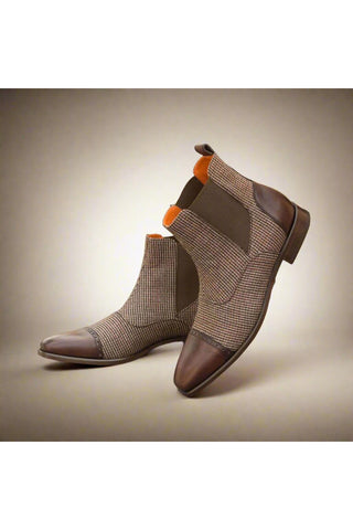 Ambrogio Beige & Dark Brown Fabric / Calf-Skin Leather Chelsea Boots (AMB1783)-AmbrogioShoes