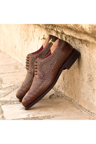 Ambrogio Beige & Dark Brown Fabric / Crocodile Embossed Leather Blucher Oxfords (AMB2100)-AmbrogioShoes