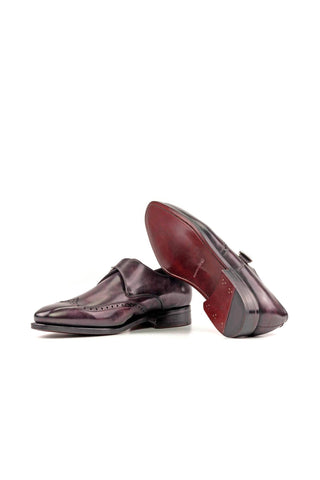 Ambrogio Bespoke Aubergine Purple Patina Leather Wingtip Monk Strap (AMB2291)-AmbrogioShoes