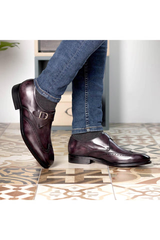 Ambrogio Bespoke Aubergine Purple Patina Leather Wingtip Monk Strap (AMB2291)-AmbrogioShoes