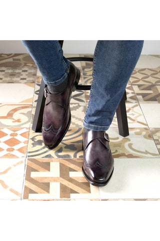 Ambrogio Bespoke Aubergine Purple Patina Leather Wingtip Monk Strap (AMB2291)-AmbrogioShoes