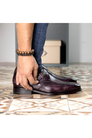Ambrogio Bespoke Aubergine Purple Patina Leather Wingtip Monk Strap (AMB2291)-AmbrogioShoes