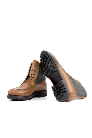 Ambrogio Bespoke Black & Brown Herringbone Fabric / Leather Mocassin Boots (AMB2264)-AmbrogioShoes