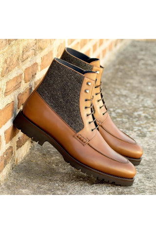 Ambrogio Bespoke Black & Brown Herringbone Fabric / Leather Mocassin Boots (AMB2264)-AmbrogioShoes