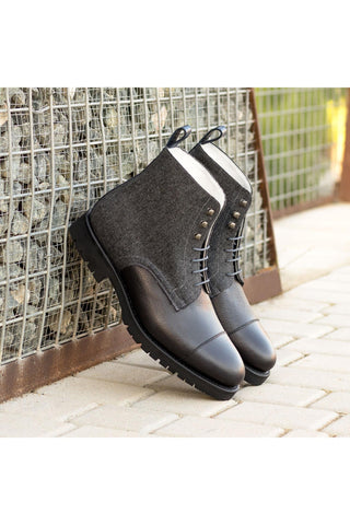 Ambrogio Bespoke Black & Gray Flannel Fabric / Full Grain Leather Jumper Boots (AMB2410)-AmbrogioShoes