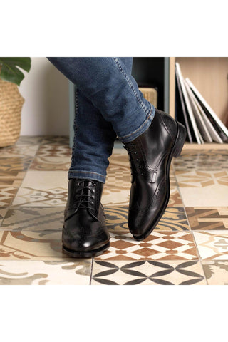 Ambrogio Bespoke Black Leather Military Wingtip Boots (AMB2403)-AmbrogioShoes