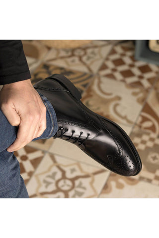 Ambrogio Bespoke Black Leather Military Wingtip Boots (AMB2403)-AmbrogioShoes